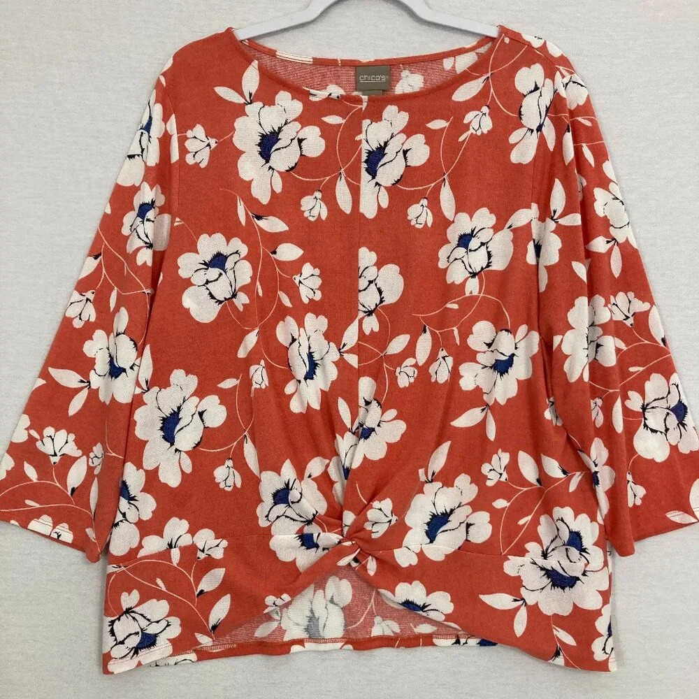 Chico's Red White Floral Twist Front Stretch Comfy Pullover Blouse XL/3